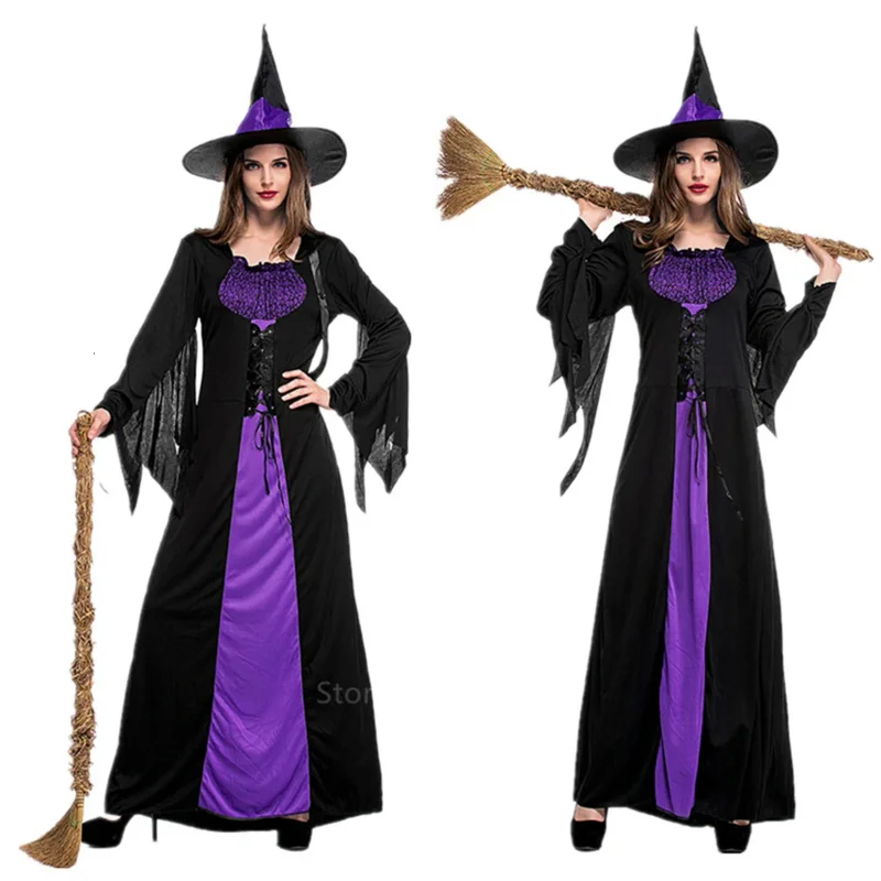 Fantasias de vampiro bruxa de Halloween para mulheres, adulto assustador, roxo, carnaval, performance de festa, drama, roupas disfarçadas com chapéu