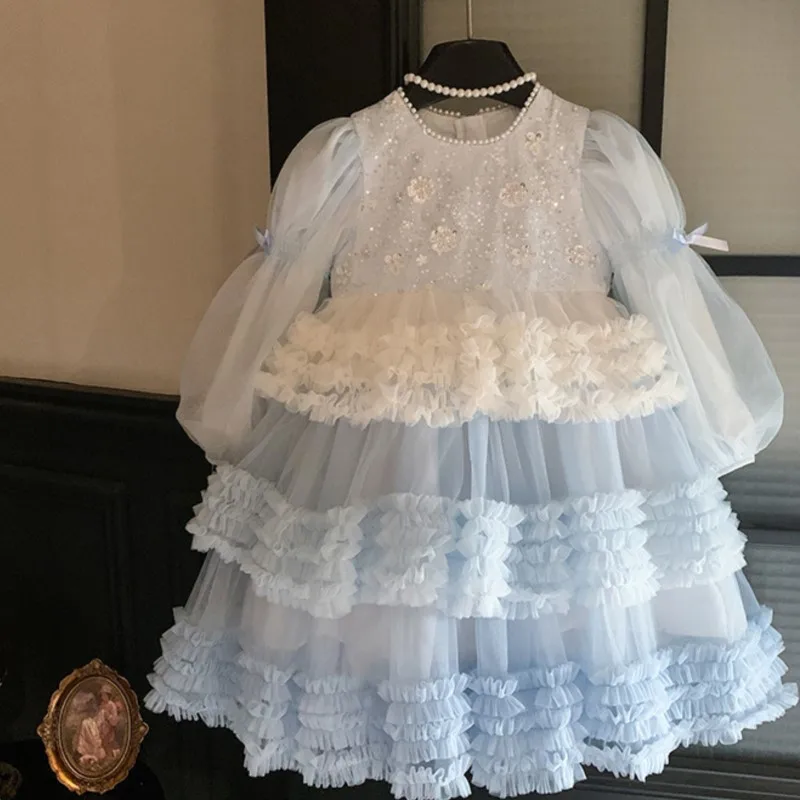 Baby Girl Princess Sequins Tutu Dress Long Sleeve Infant Toddler Child Vintage Tulle Vestido Birthday Party Baby Clothes 2-12Y