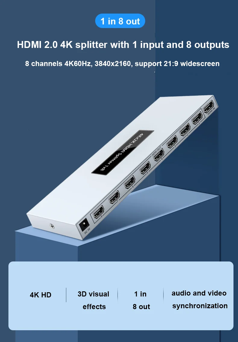 DTECH Splitter HDMI 2.0 ad alta definizione 4Kx2K@60Hz 1X8 8 porte 1 ingresso HDMI 8 uscite HDMI Apparecchiatura audio video