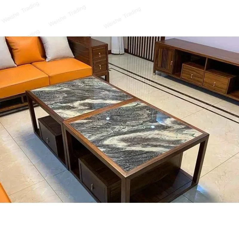 New Chinese-style solid wood ebony marble coffee table, office size apartment living room Kung Fu tea table