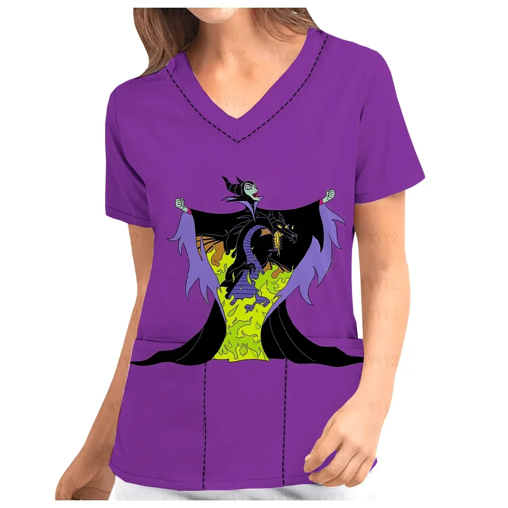جديد المرأة ممرضة موحدة جيب الأعلى الخامس الرقبة طباعة فرك الأعلى ديزني Maleficent طباعة الصيف قصيرة الأكمام المرأة العمل موحدة #5