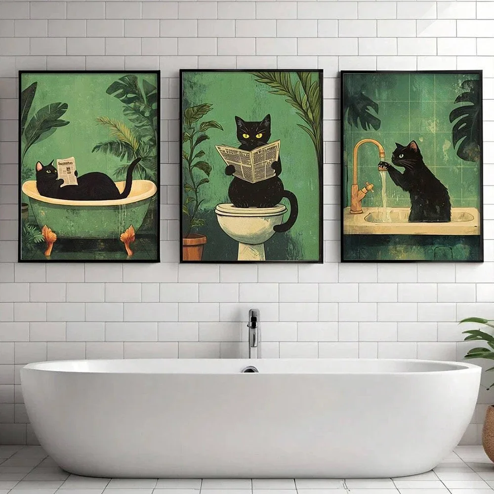غريب الأطوار القط الأسود قراءة صحيفة المشارك طباعة الحمام خمر الأخضر الحد الأدنى ديكور مضحك المرحاض حائط لوح رسم الفن