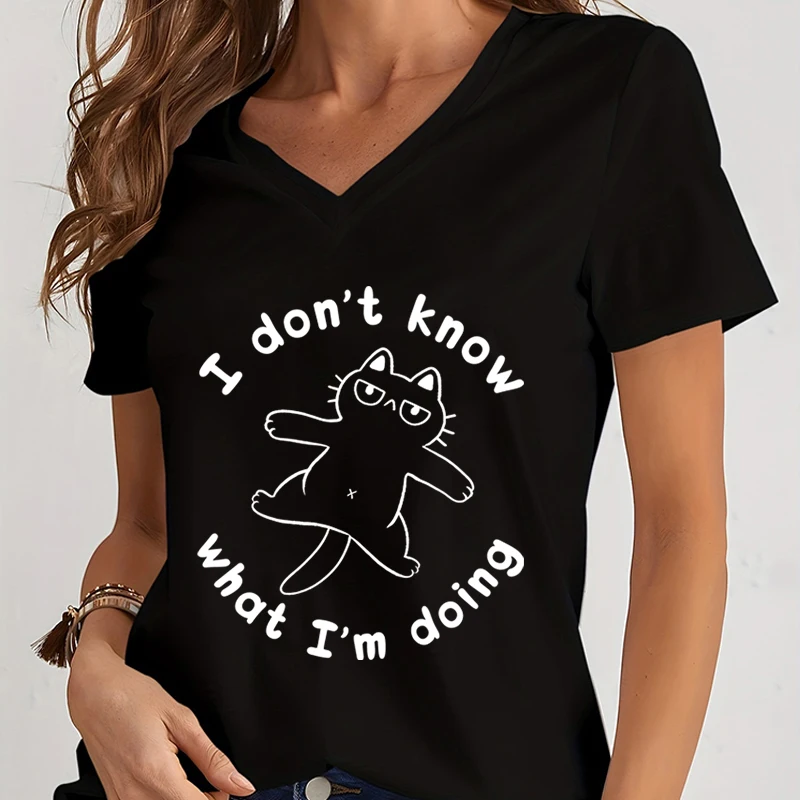 Girl’s Shirts Harajuku Fashion I Don’t Know What I’m Doing Women Short Sleeves Casual Y2k Shirts Women V Neck Cute Cat Tshirts