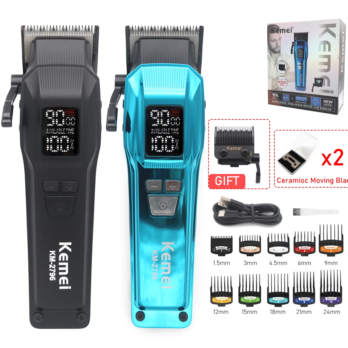 Kemei KM-2796 Brushless Motor DLC Blade LCD Display 9000RPM Professional Hair Clipper Hair Cutting Machine Hair Trimmer for Men