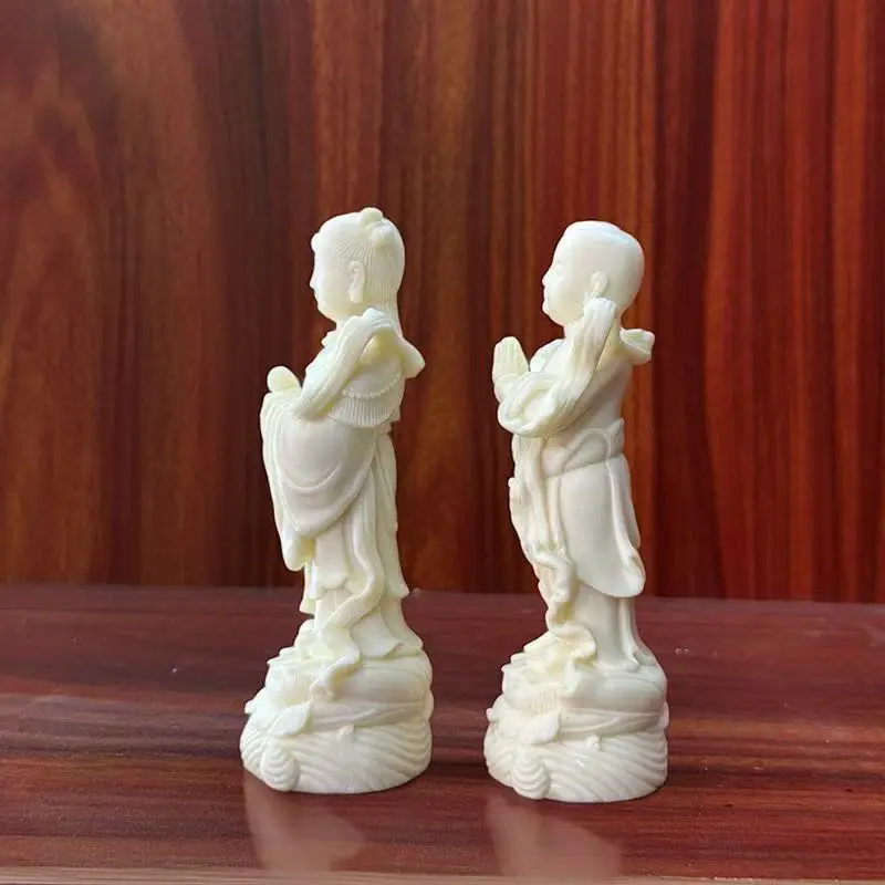 Golden Boy Jade Girl Feng Shui Statue Pair Ivory Color Carved Lucky Children Figurine for Home Office Wealth Desk Decor