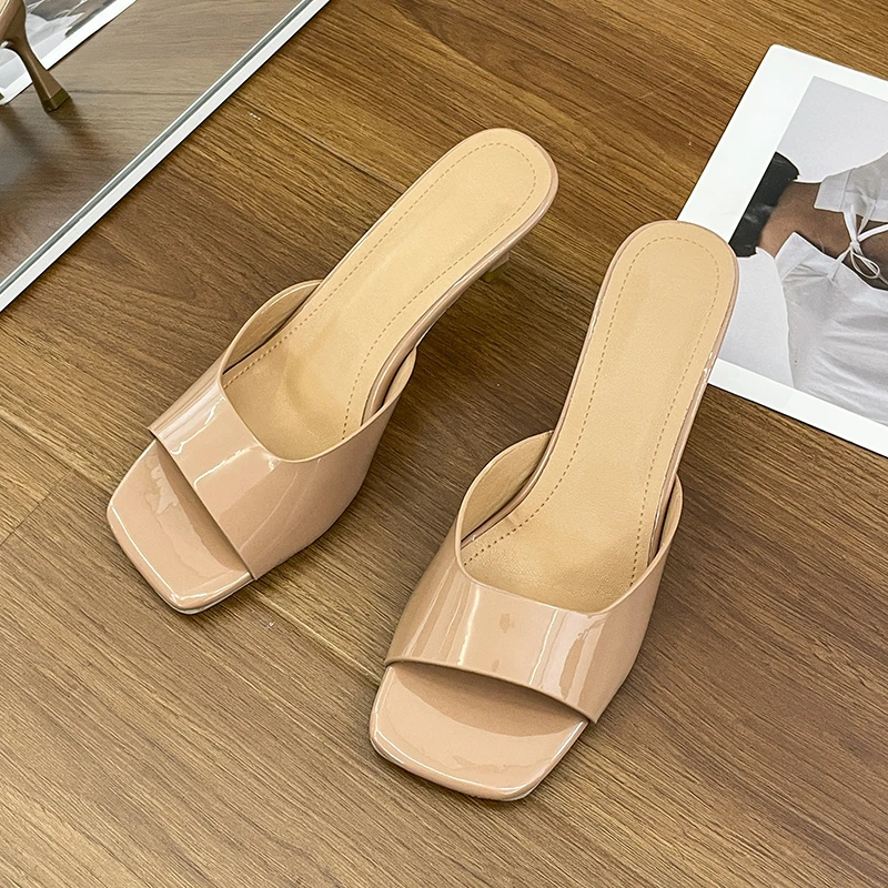 2024 Summer New Women\'s Large Slippers Solid Leather Square Head Open Toe High Heel Versatile Comfortable Sandals for Women