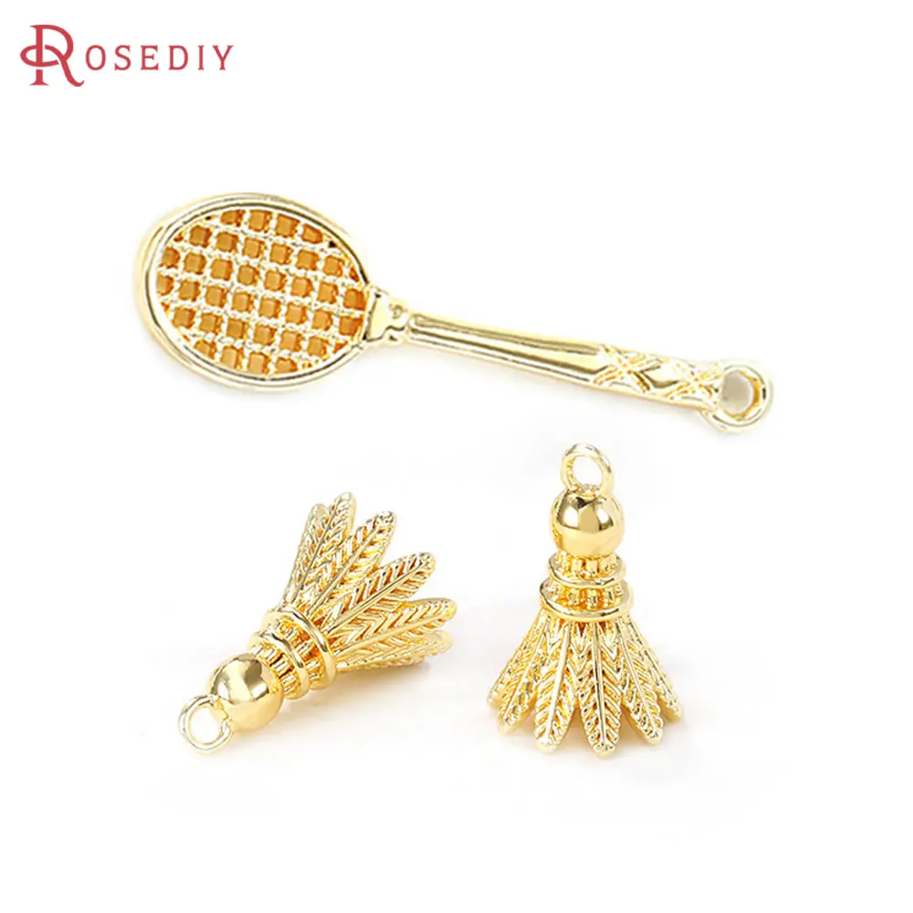 Latão Raquete Badminton Encantos Pingentes, Jóias Fazendo Suprimentos, DIY Colares, Brincos Achados Acessórios, 24K Cor do Ouro, 4Pcs