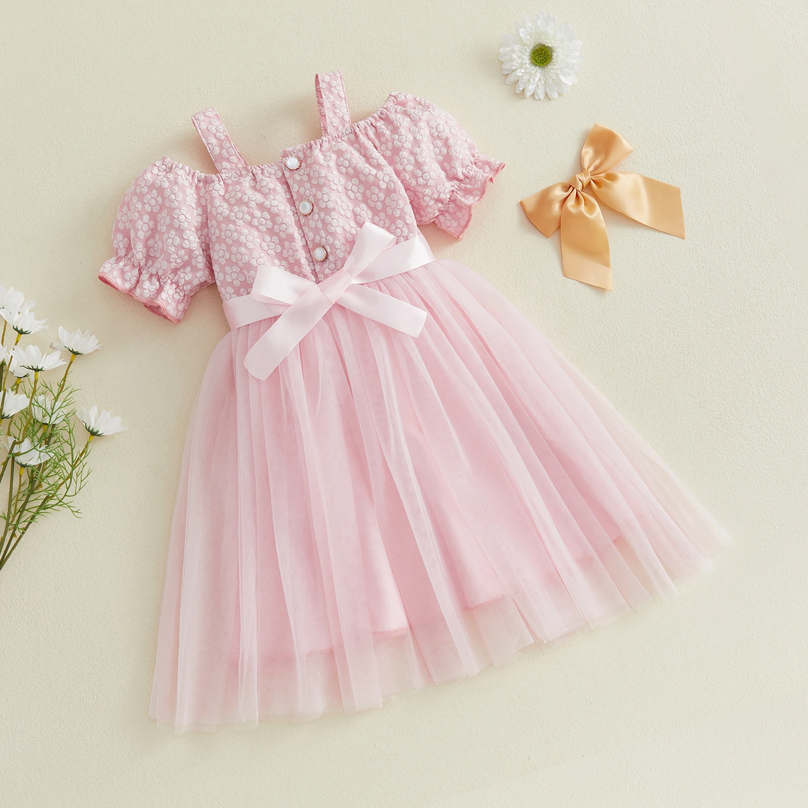 3-10Y Little Girl Princess Mesh Lace Dress  Button Design Square Neck Bubble Short Sleeve Party Dress with Belt