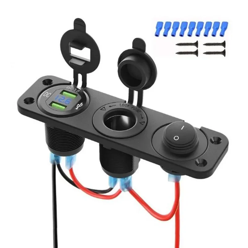For Vehicles 12V To 24V 1PC Car Charger Panel With Dual USB Cigarette Lighter Socket Splitter Voltmeter And Independent Switch