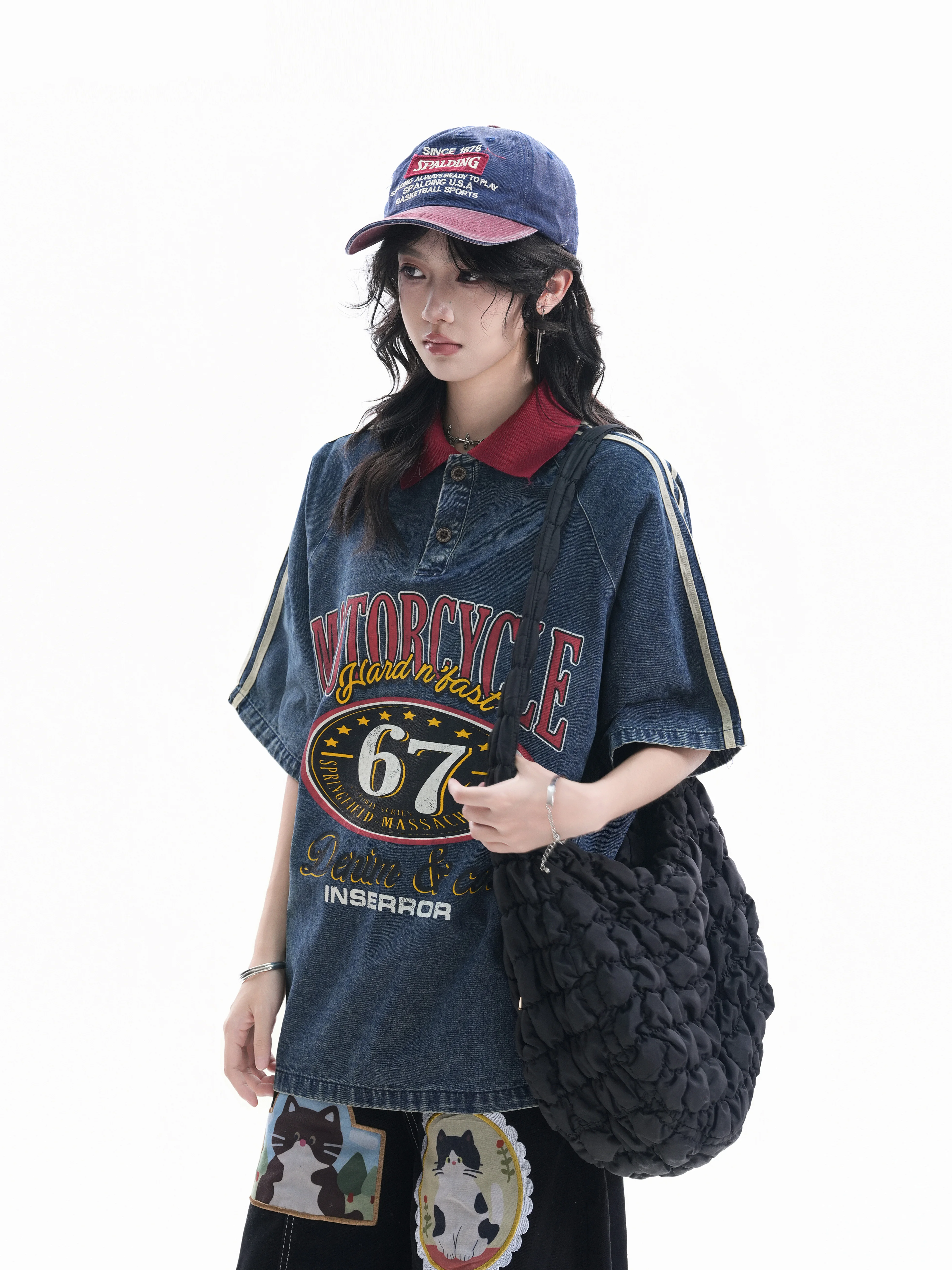 American Retro  Shirt T-Shirt Women Summer Denim Racing Style Couple Short Sleeve Loose Fit Cotton Chinese Made