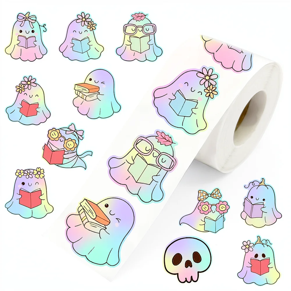 Waterproof Ghost Adhesive Labels Roll Holographic Gradient Stickers For Stationery Baking Packaging Diary Journal Decoration