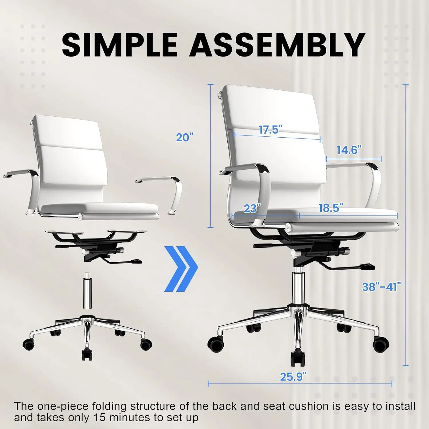 Ribbed Office Desk Chair Mid-Back Ergonomic Chair with Wheels Cute Modern Executive Chair Bonded Leather Lumbar Support Computer