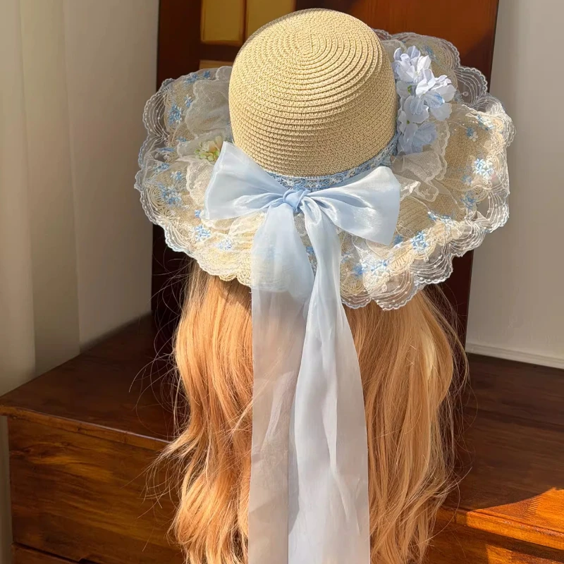 Original Handmade Sweet Lolita Lace Floral Straw Hat Women Elegant Bow Ribbon Photography Hat Mori Girl Cute Vacation Flat Cap