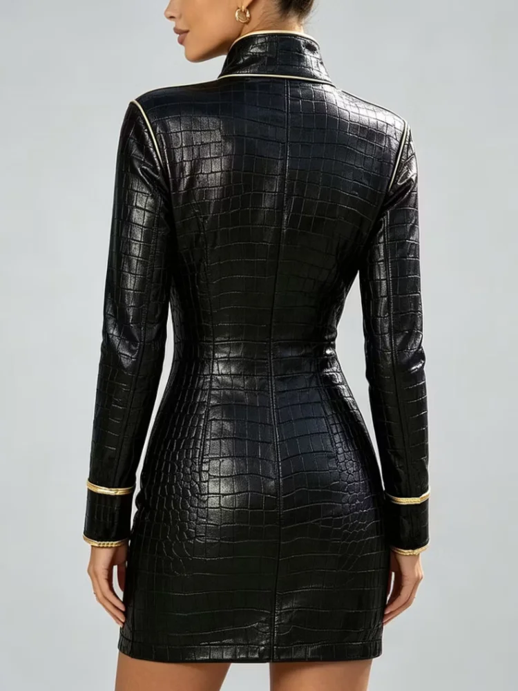 Women Croc Pattern PU Leather Mini Dress Stand Collar Contrast Gold Piping Trim Zip Front Slim Fit Nightclub Party Evening Dress