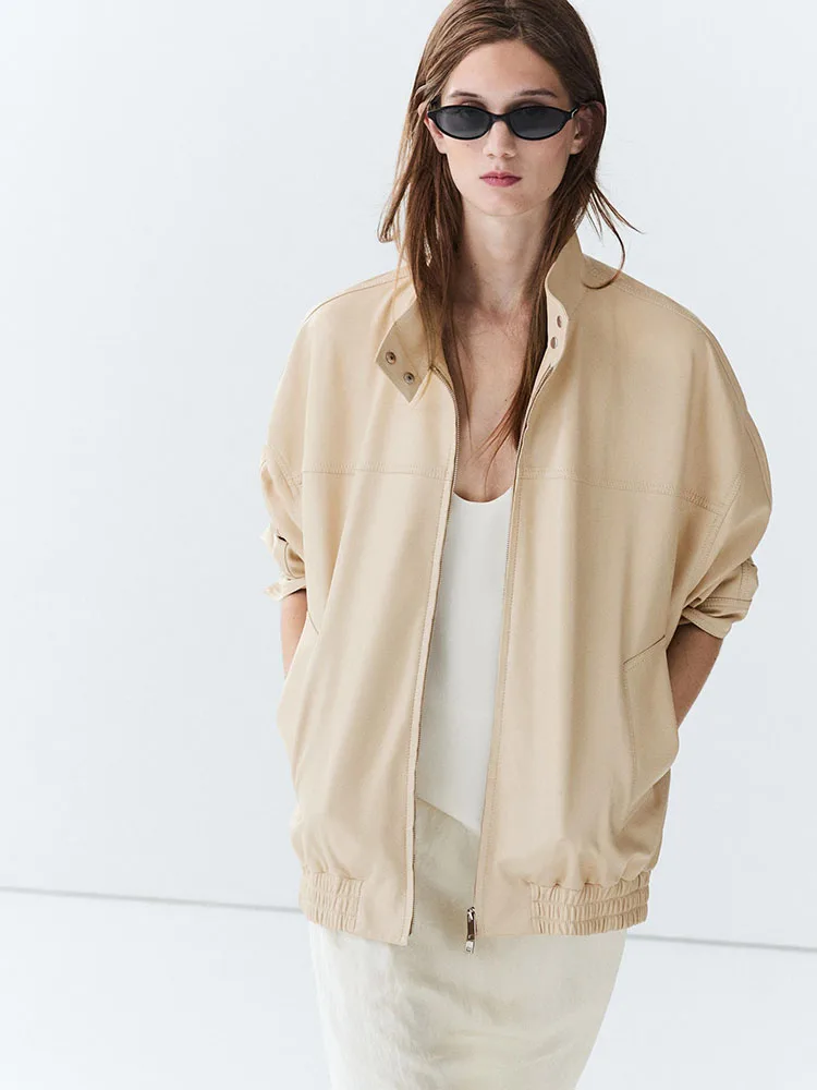 Elegant Elastic Hem Faux Leather Jacket Outerwear New Autumn 2026 Women's Fashion Zipper Closure Long Sleeve Other Material