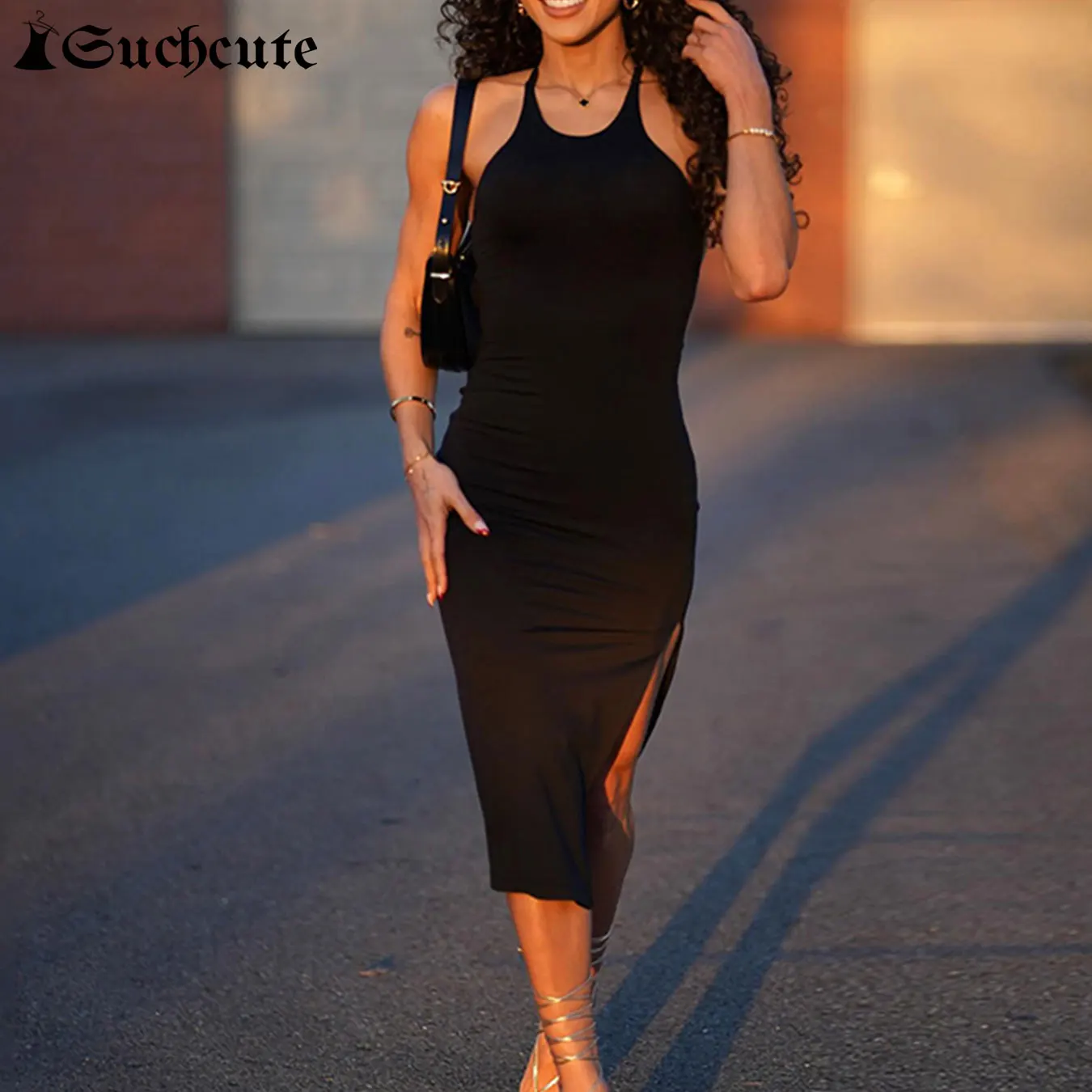 SUCHCUTE Summer Solid Halter Backless Sexy Slim Fit Dress Elegant Sleeveless Slit Club Party Dress Lady Streetwear Clothes 2024