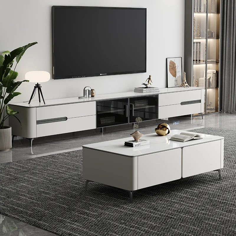 Solid wood TV cabinet coffee table combination living room storage locker integrated rock slab heightening