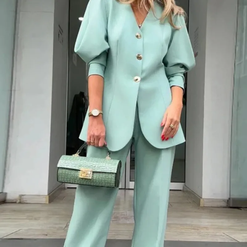 2024 Autumn New Women\'s Fashion Solid Color Lantern Sleeve Loose Suit Temperament Commuter Suit Women Fashion Two-piece Suit