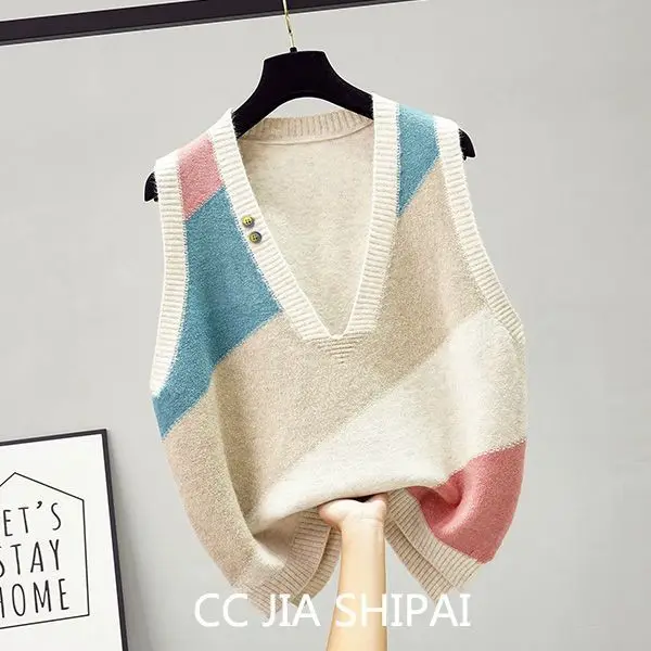 

New Sweater Tank Top Women's V-neck Large Knitted Pullover Sleeveless Korean Fashion Casual Spring and Autumn Season X257