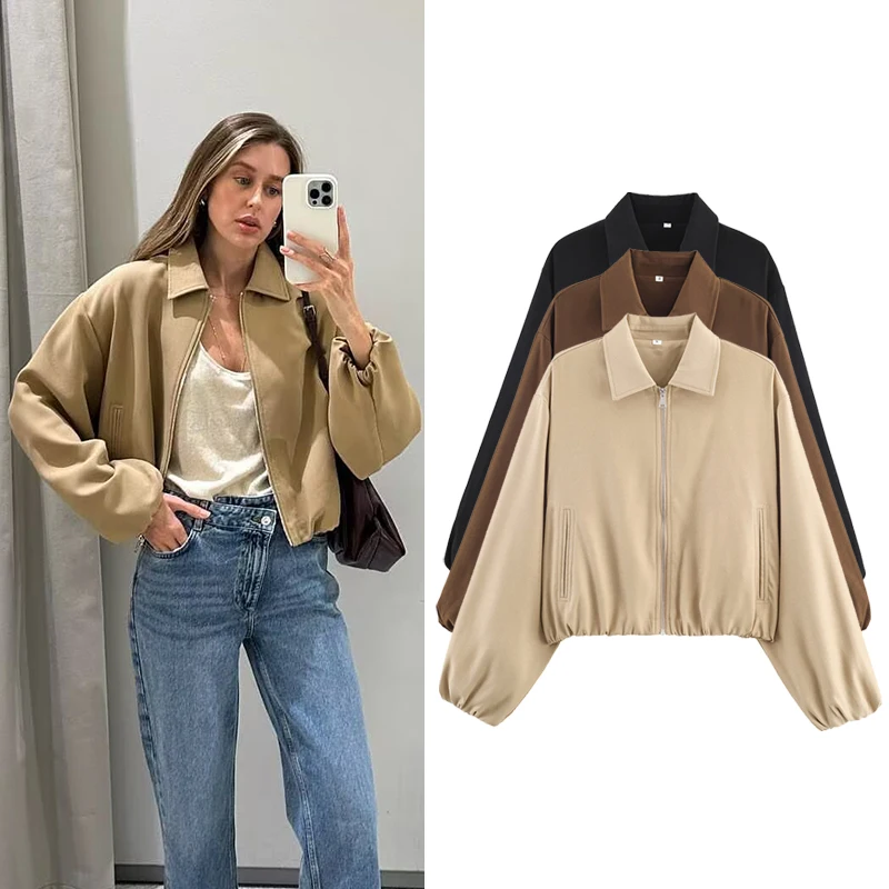 

Women's Short Jackets Coats Fashion Zipper Turn-down Collar Long Sleeve Coats Autumn Casual Female Outerwear Chic Tops