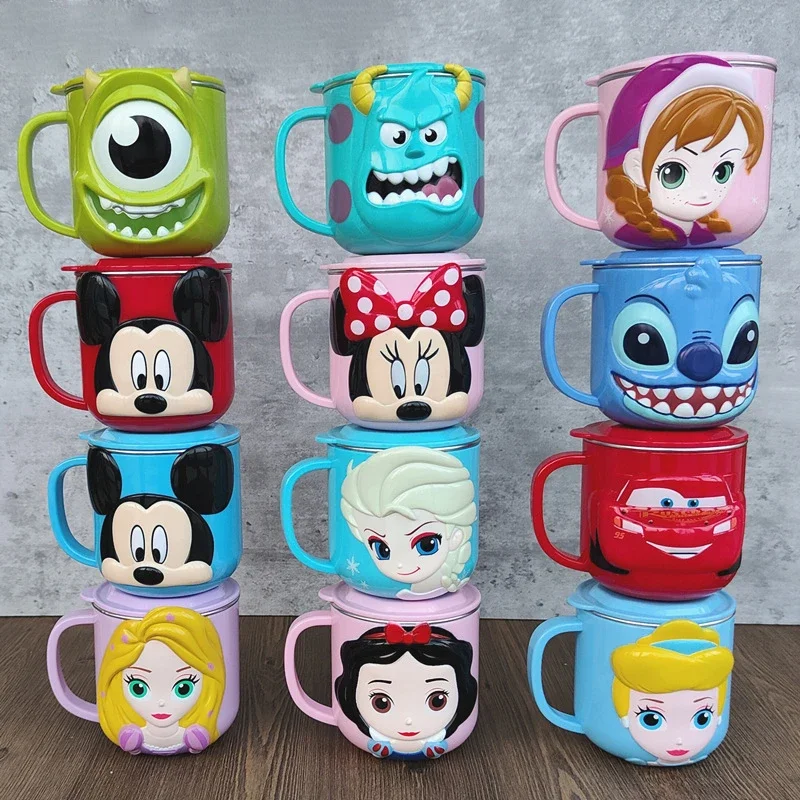 Disney Cups Anime Stitch Mickey Mouse Cartoon Milk Cup Mugs 3D Frozen Elsa Stainless Steel Cup Children Drinking Cup Minnie Mug