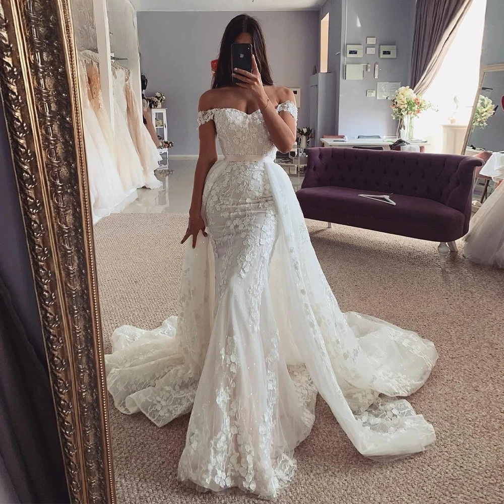 Charming Wedding Dress for Mariages Appliquea Trumpet Detachable Train Off The Shoulder Formal Gowns Customised
