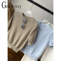 Garaouy 2024 Summer Round Neck Short Sleeve Knitted Sweater For Women Diamond-Encrusted Versatile Slim Casual Knitwear Pullover