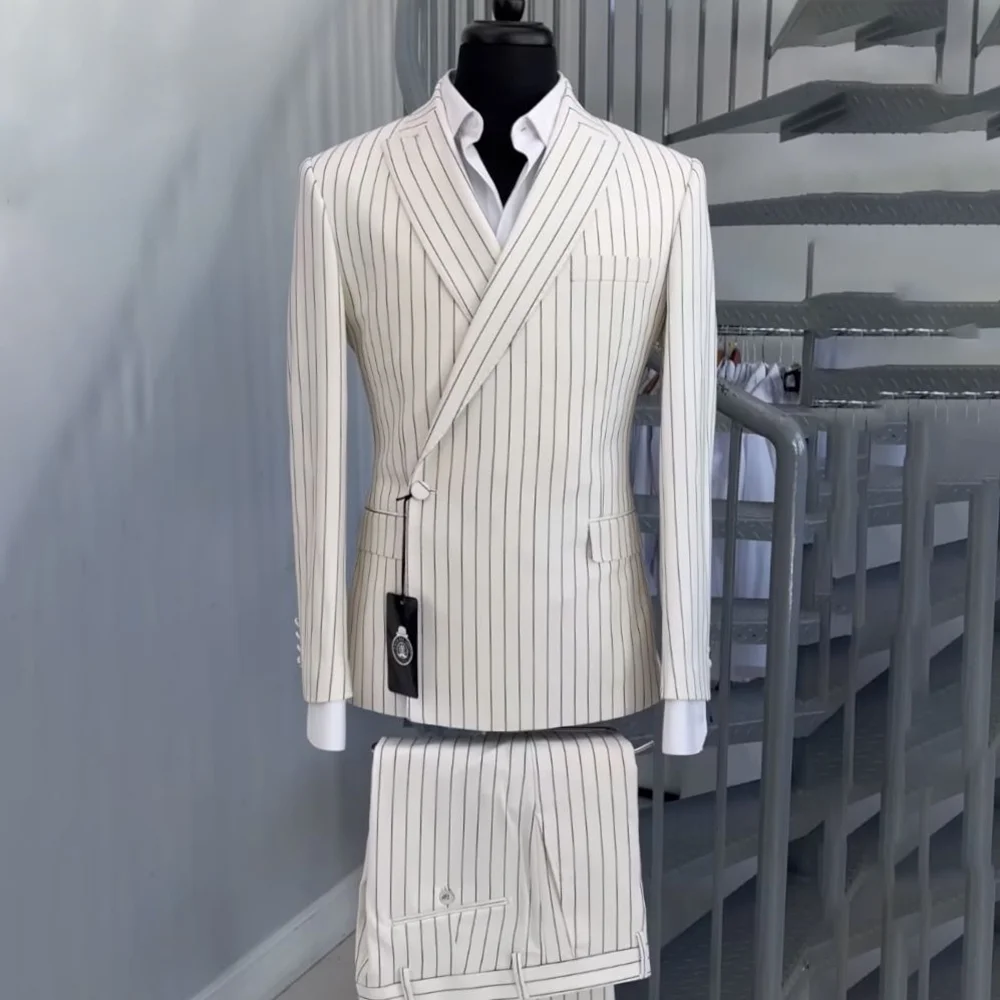 

Elegant Single Breasted Men Suits White Stripe Party 2 Pieces Jacket Pants Tailored Costume Blazer Set Trajes Para Hombre