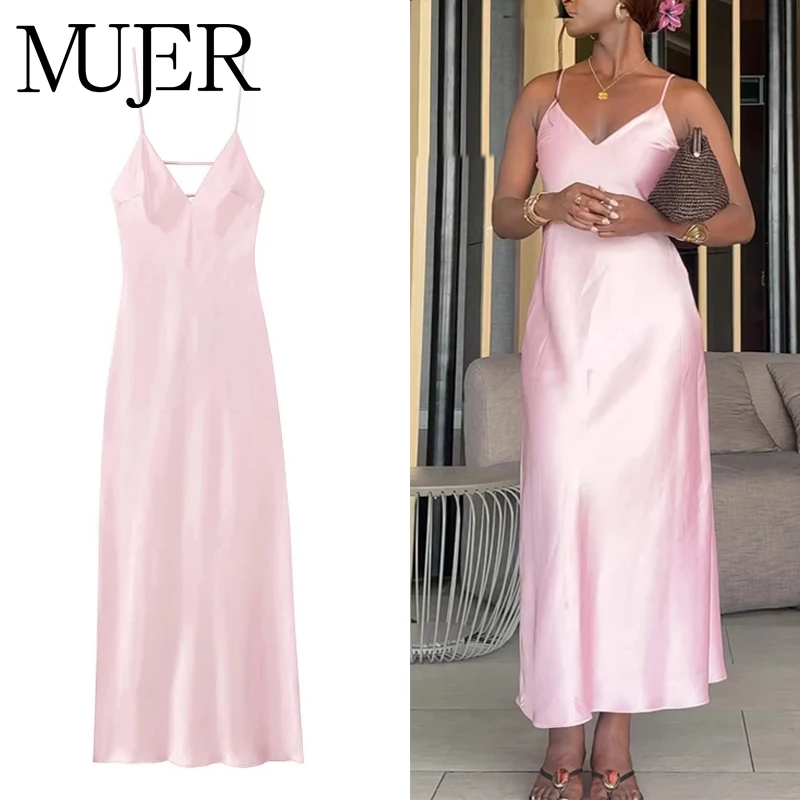 MUJER rose Satin robe à bretelles femmes jaune robe d'été femme 2025 Sexy dos nu longues robes pour femmes bretelles fête robes mi-longues