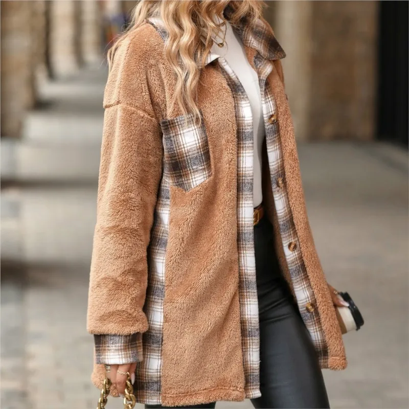 

Velvet Plaid Print Splicing Long Sleeved Coat For Women 2025 New Autumn Winter Turn Down Collar Jacket Fashion Cardigan Outwear