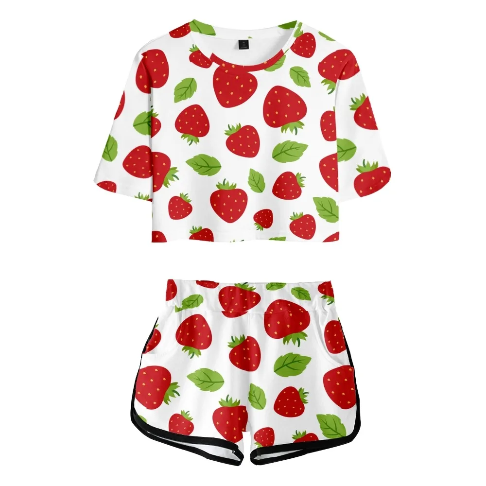 Camiseta de manga corta para hombre y mujer, pijama informal de dos piezas con estampado de fruta, ombligo corto