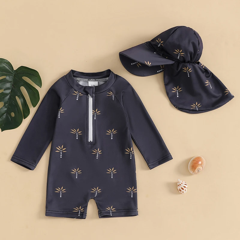 Toddler Boy Rash Guard Swimsuit with Hat 2 Pcs Set Coconut Tree Whale Lobster Zip Up Long Sleeve Crew Neck Baby Boy Swimwears