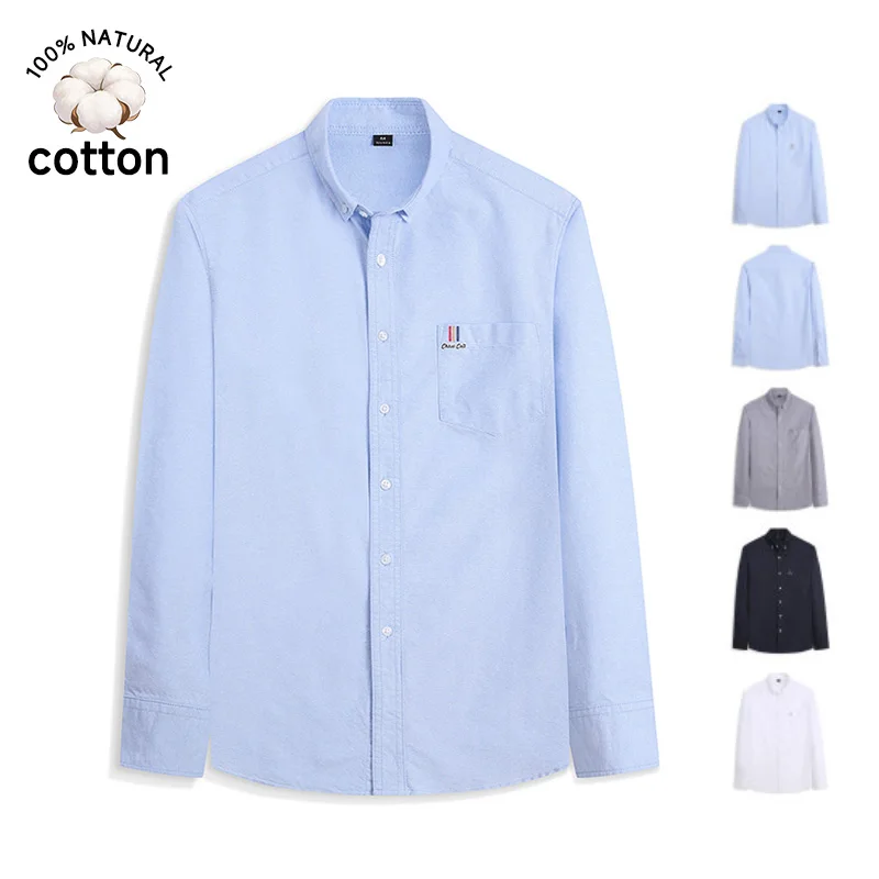 Hochwertiges 100% Baumwoll-Oxford-Gewebe Herren Langarmhemd Blau mit Tasche und Revers Markenkleidung Slim Fit Mantel für Männer