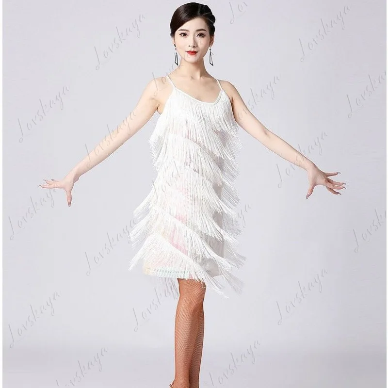 Latin dansfeestjurk met V-hals en ruches met lovertjes en bandjes Stage Performance-kostuum voor dames