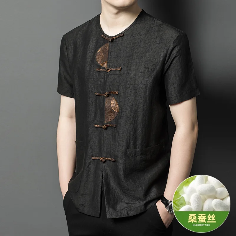 

High Quality Real Silk Men's New Xiangyun Yarn Crack Thin Type Suit Clothing for Middle-Aged Dad Short Sleeve Top