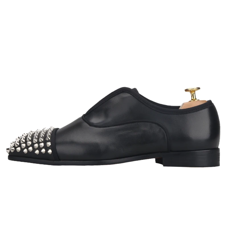 Piergitar Black Genuine Leather Oxfords Shoes For Party Wear Handmade Silver Studded Toecap Men's Formal Shoes Red Outsole