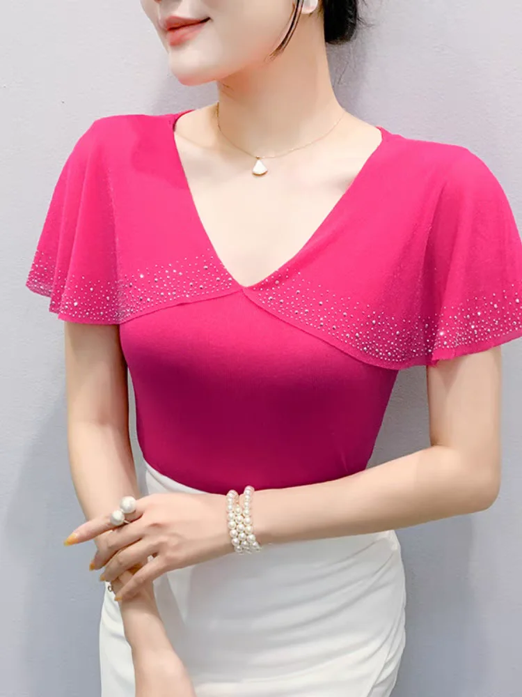 Sommer Top Frauen Gepatcht Rüschen Kurzarm Mesh V-ausschnitt Hohe Stretch Dünne T-shirts Weibliche Leichte Tanzen Tees