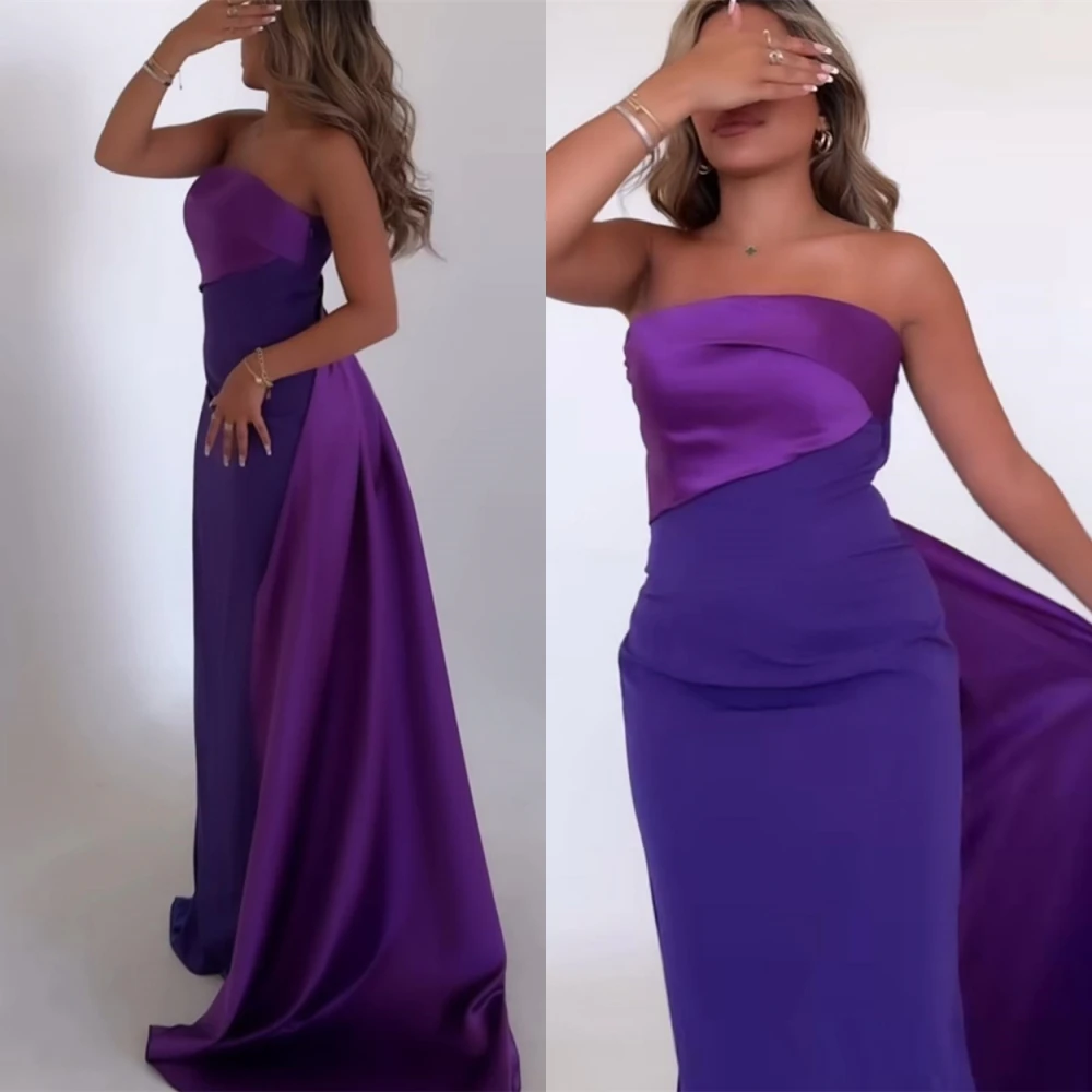 Gaun Malam Warna Kontras Satin Jersey Tanpa Tali Kustom Gaun Pesta Putri Duyung Mode Gaun Acara Khusus Seksi