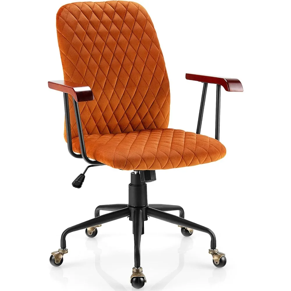 

Оранжевый бархатный офисный стул, мягкий домашний стул для отдыха с резиновыми деревянными подлокотниками и металлическим основанием с 5 когтями, винтажный