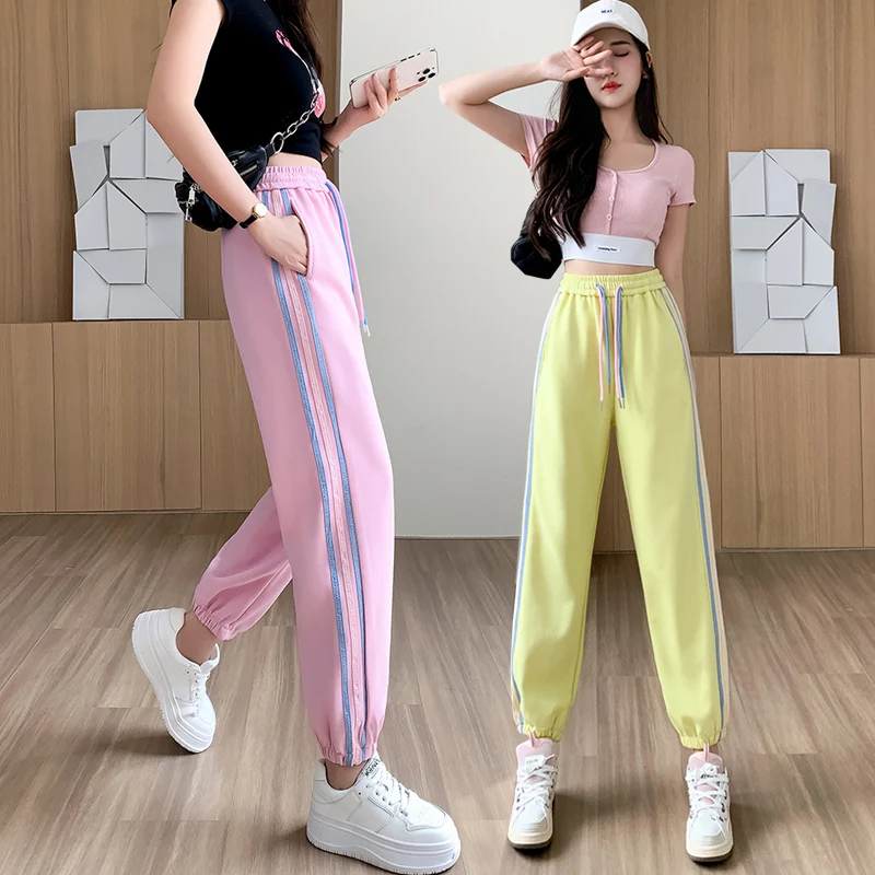 

Women's Fashion Solid Color High Waist Casual Loose Drawstring Drawstring Sports Pants