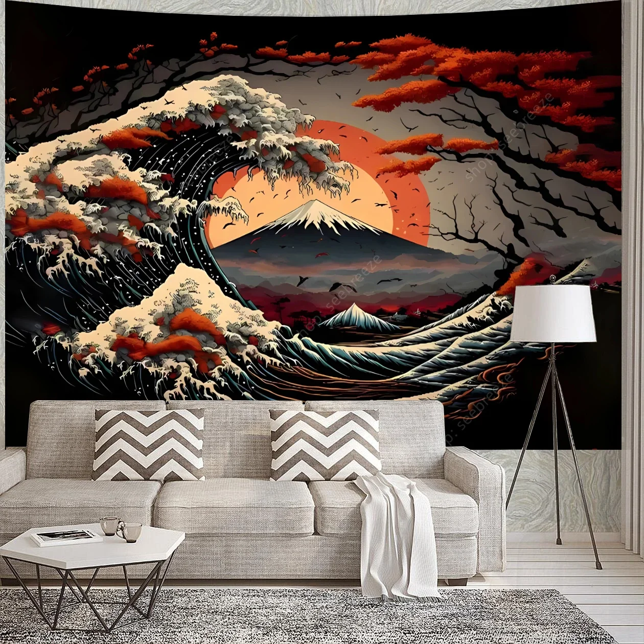 Tapisserie Japonaise Réactive aux UV, Grandes Vagues, Mont Fuji, pour Décoration de Chambre, Couverture de Rideau Esthétique, Décor Mural de Maison