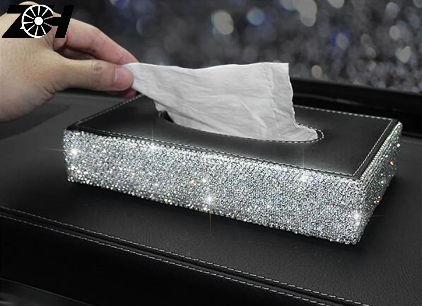 Bling Crystal Car Tissue Box Diamond Leather Auto Tissue Paper Holder Case Sunvisor Hanging Napkin Car Accessories
