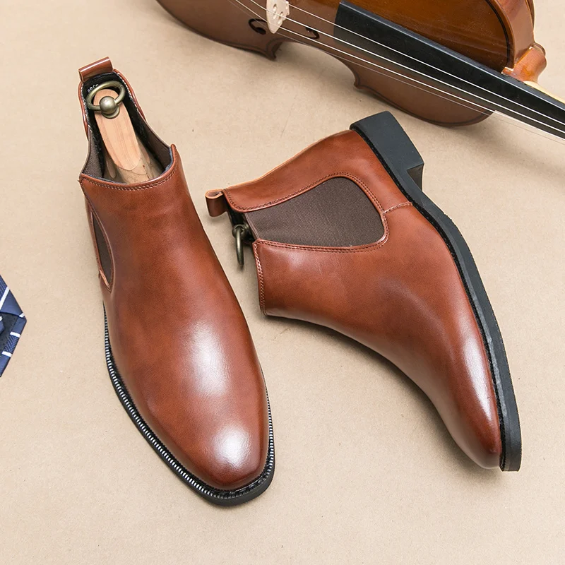 British Style Brown Men's Leather Boots Large Size 48 Pointed-toe Chelsea Boots Men Slip On Booties for Men Formal Shoes botas