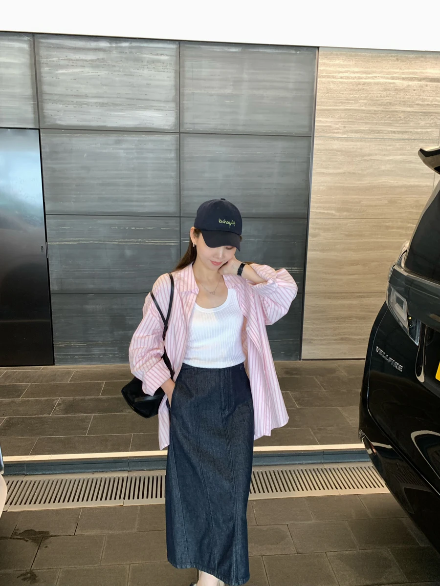 

Faionable Spring Denim Color Versatile Women's High Waist Asymmetric Midi Skirt Ele Simple Slit Design Commute Sle