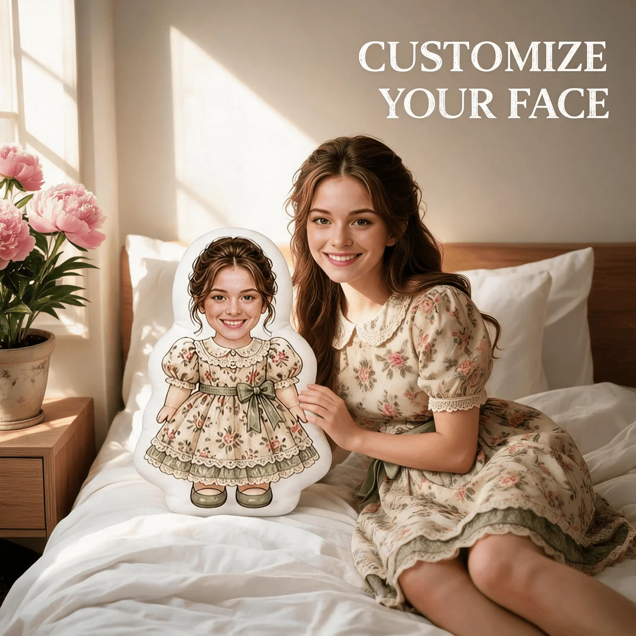 Custom Personalized Photo Shaped Pillow, Vintage Floral Dress Portrait Decorative Cushion, Unique Home Decor Accent for Sofa & B