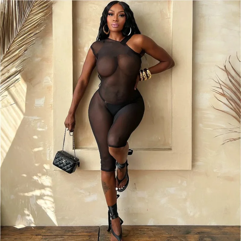 Super Stretch Shiny Glossy Body Stocking, Sexy See Through Off Shoulder Capri Jumpsuit Night Club Bodysuit