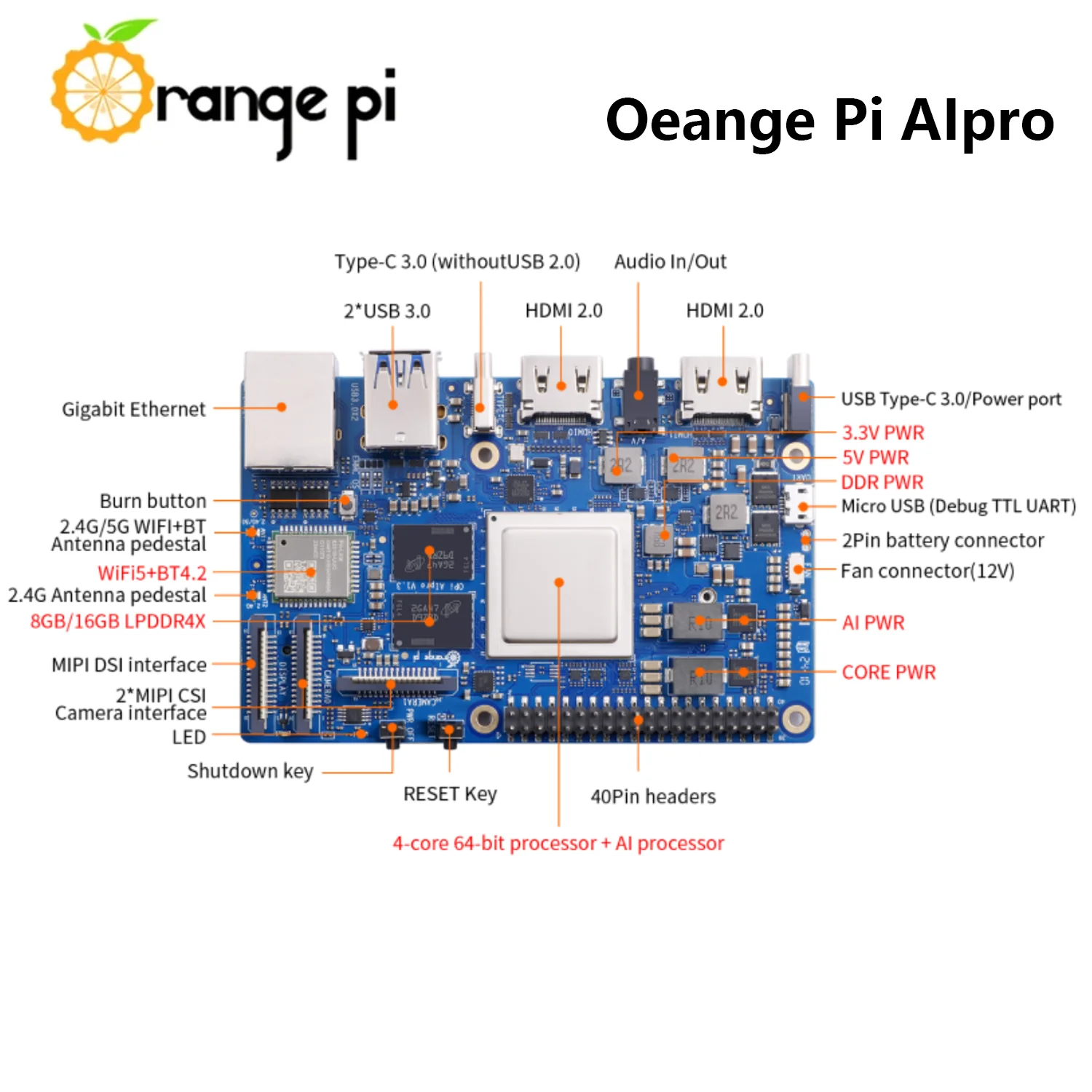 Imagem -02 - Laranja Pi-aipro ai Development Board Suporta 812tops ai Computing Power ai Wi-fi Mais Bt4.2