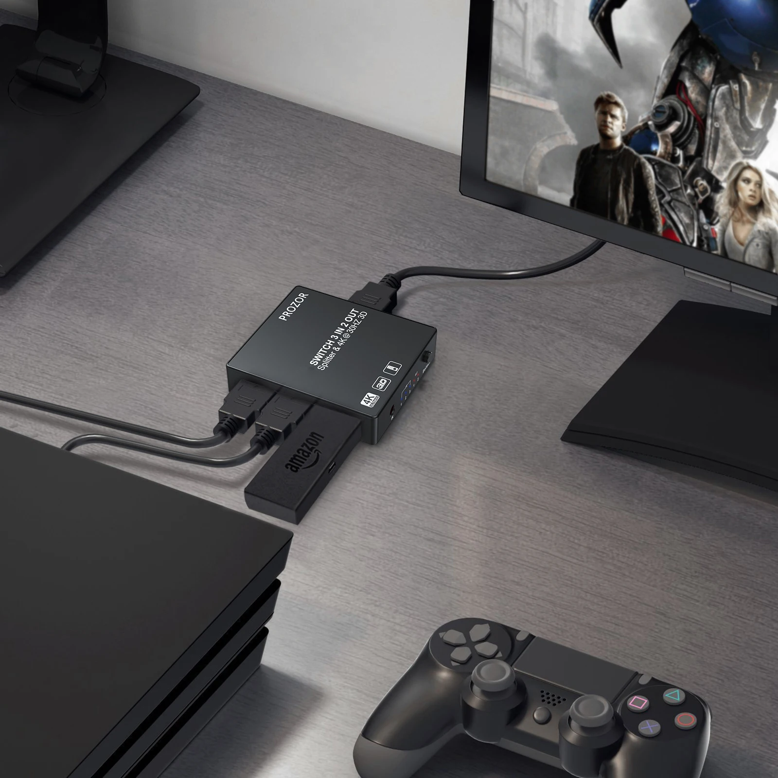 PROZOR-conmutador 3 en 2 compatible con HDMI, Hub de conmutación automática, compatible con HDMI 1,4, divisor con soporte remoto 4k 3D