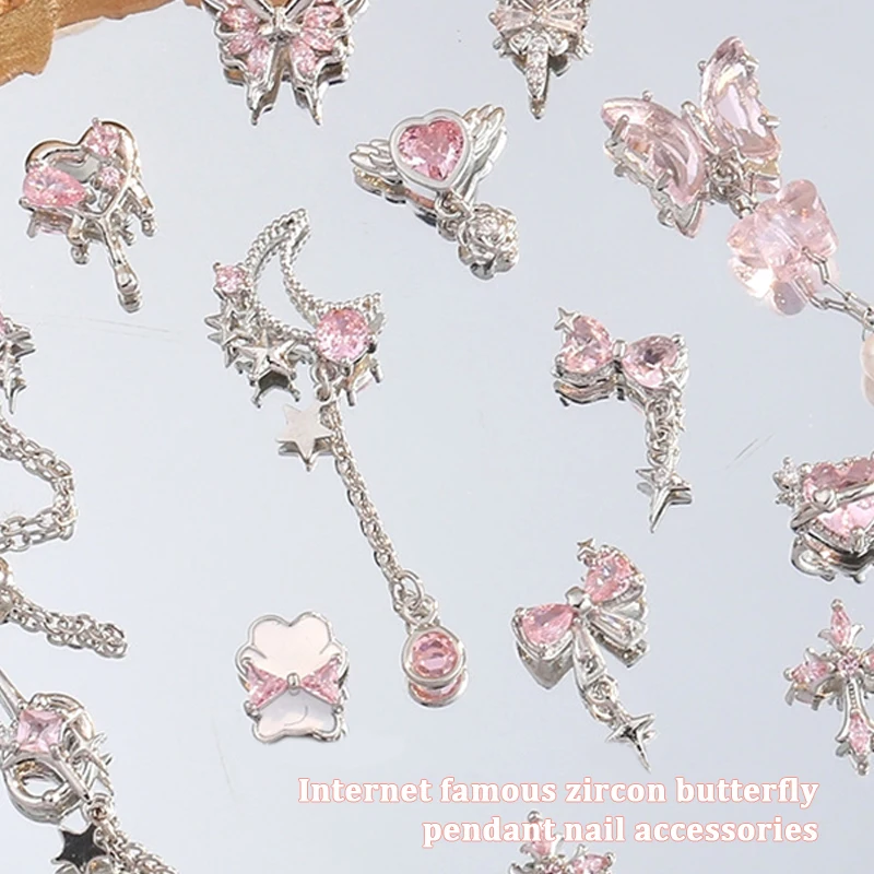 1Pc DIY Nail Art Decoration 3D Butterfly Chain Nail Art Charm Crystal Love Bow Nail Drill For Manicure Design Accessory