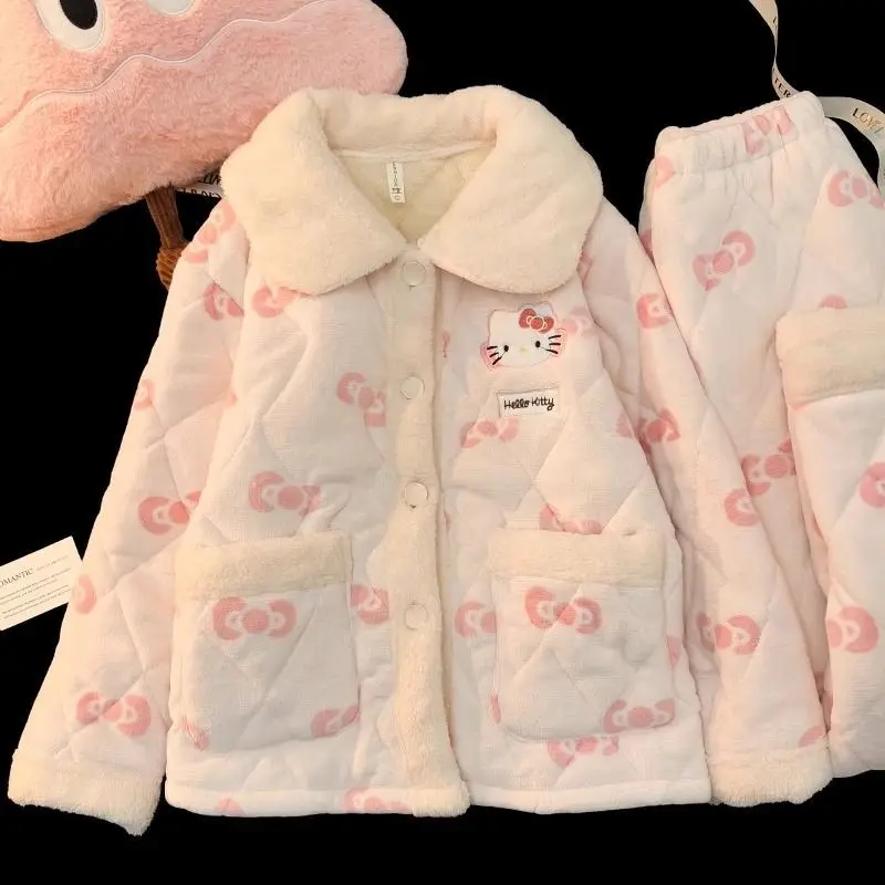 

Three-layer Cotton Pajamas for Girls in Autumn Winter Hello Kitty Cute Doll Collar Plus Velvet Thickened Warm Home Clothes Set